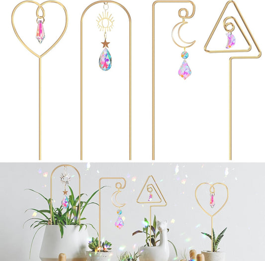 Small Trellis for Potted Plants Indoor with Colorful Crystal Sun Catcher, 14.17 Inch Metal Plant Lattice for Mini Potted Plant Decoration for Home Window Garden 4 Pack