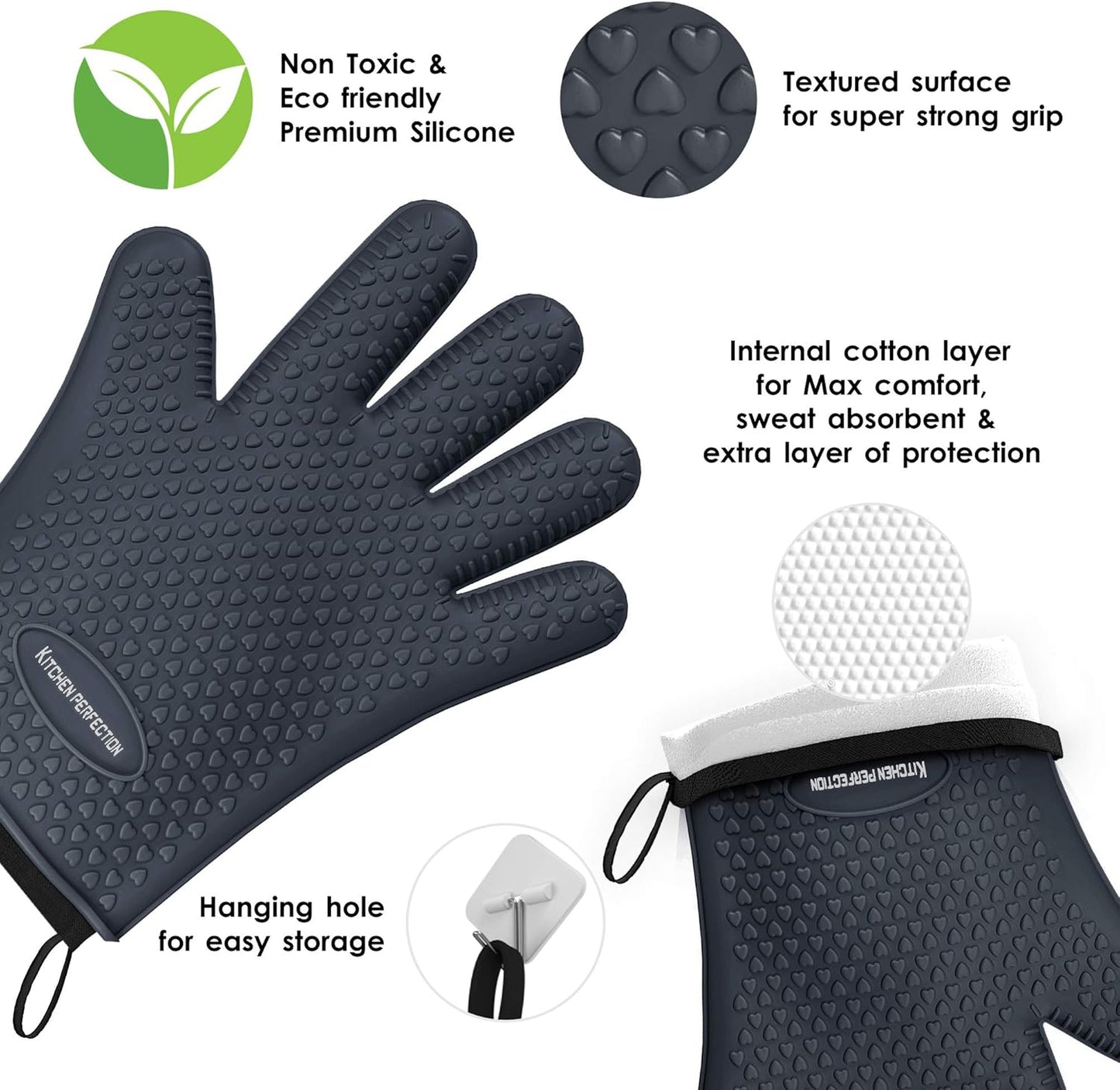 KITCHEN PERFECTION Silicone Smoker Oven Gloves-Extreme Heat Resistant BBQ Gloves-Handle Hot Food Right on Your Grill Fryer & Pit|Waterproof Grilling Cooking Baking Mitts|Superior Value Set +3 Bonuses