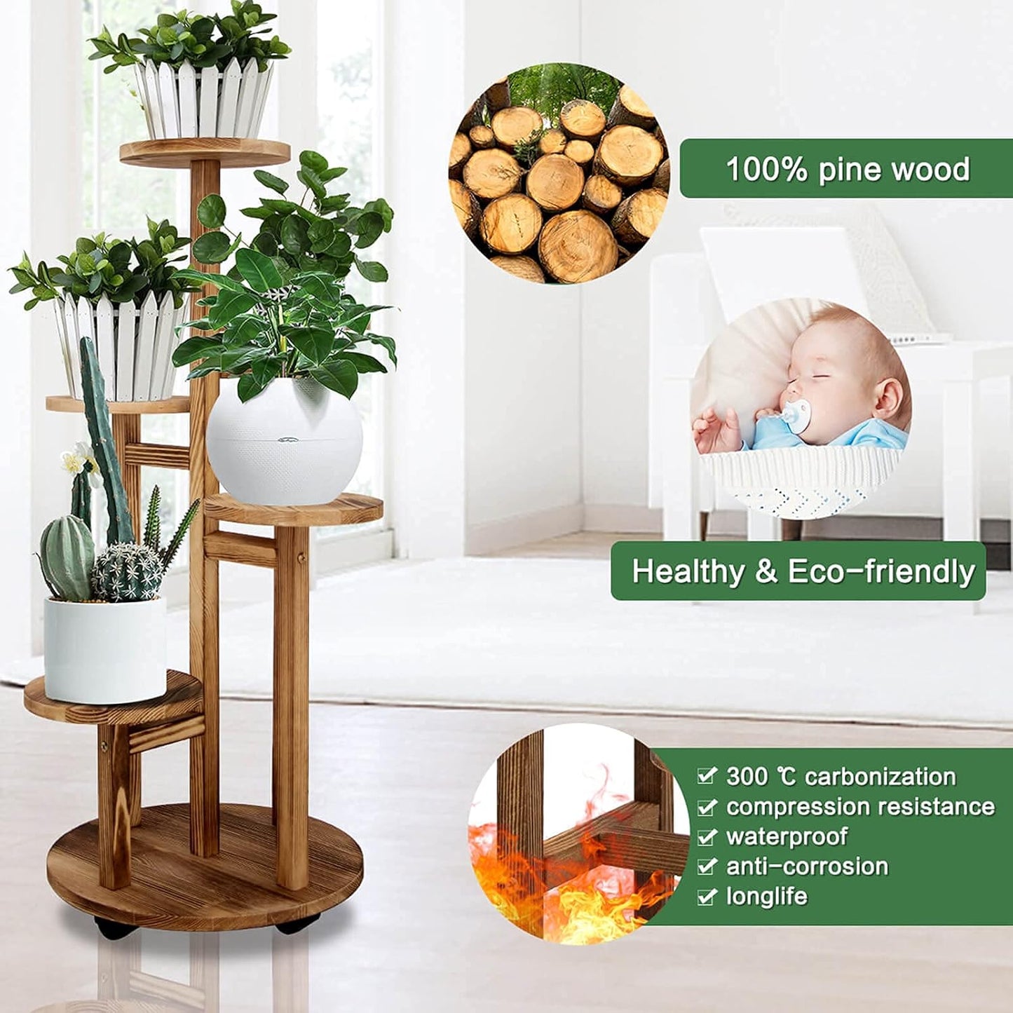 GEEBOBO 5 Tiered Tall Plant Stand for Indoor, Wood Plant Shelf Corner Display Rack, Multi-tier Planter Pot Holder Flower Stand for Living Room Balcony Garden Patio (Walnut)